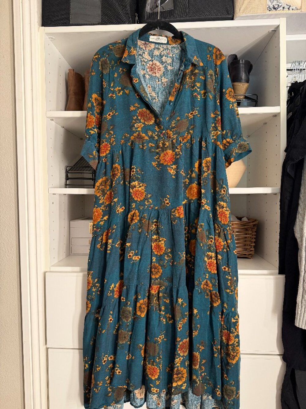 Natural Life Floral Patchwork Maxi Shirt Dress Teal Rust Size L - Picture 2 of 5